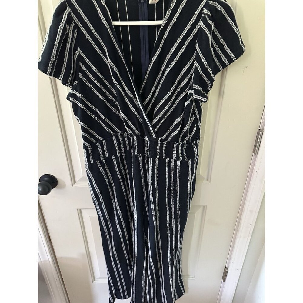 Anthropologie Dolan Canovas Striped Cap Sleeve V Neck Jumpsuit Navy Size Large